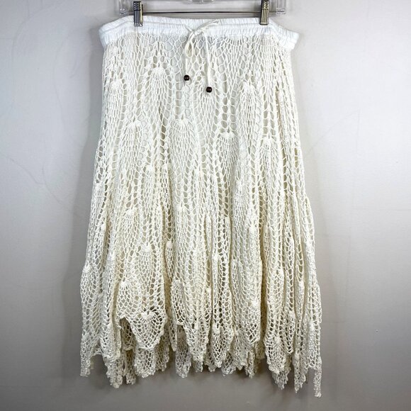 Vintage Dresses & Skirts - Vintage Womens Crochet Festival Boho Skirt Size L Ivory Ibiza Beachy Hippie